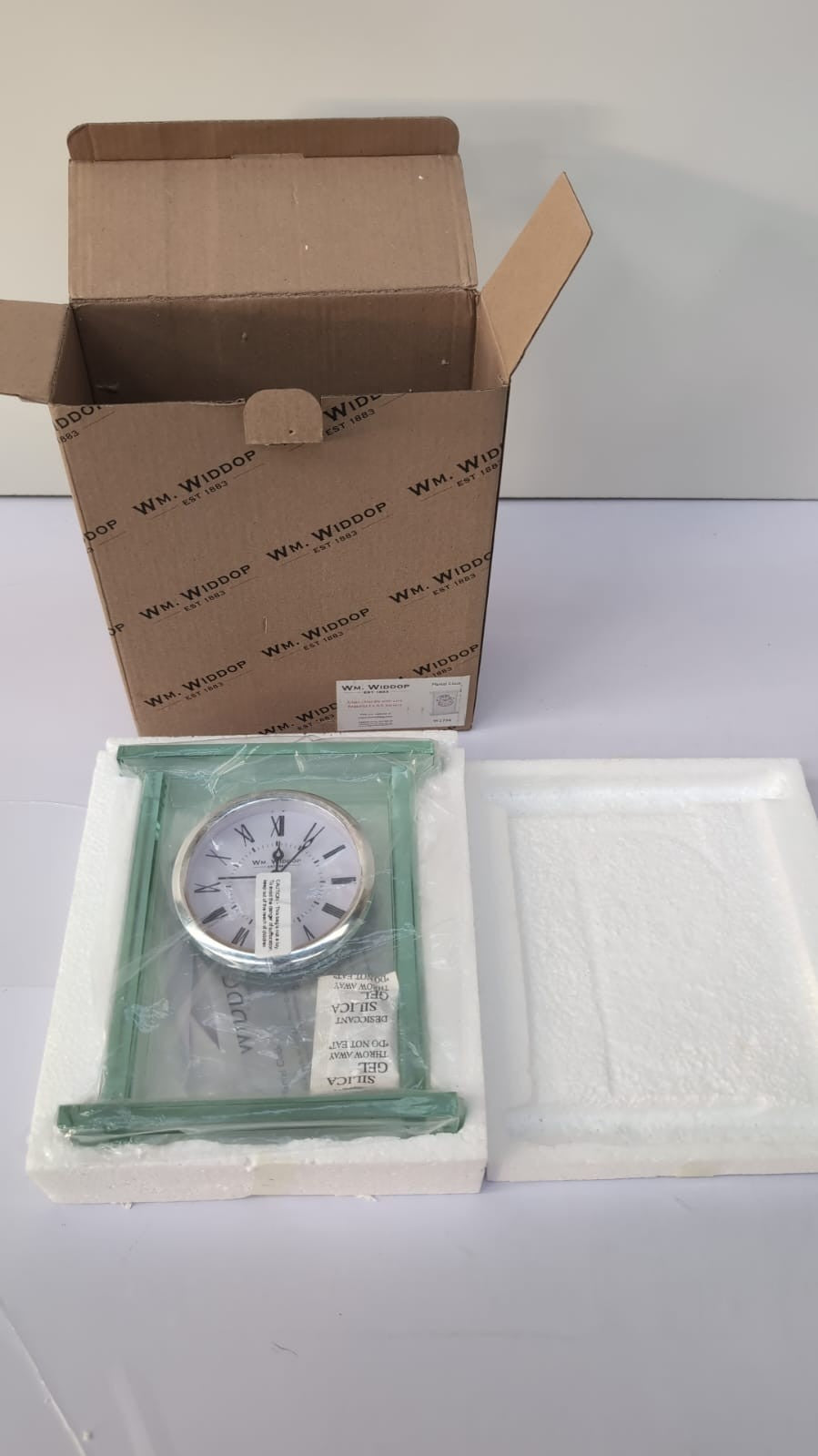WM.WIDDOP Quartz Glass Silver Bezel Table Clock W2706