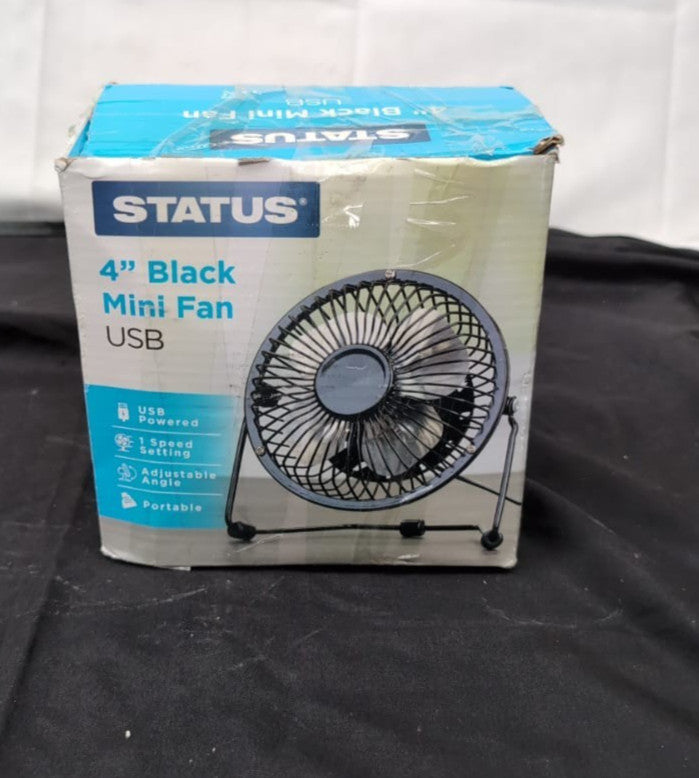 Status 4 Inch USB Desk Fan, Mini Portable, Single Speed, Black, (USED)