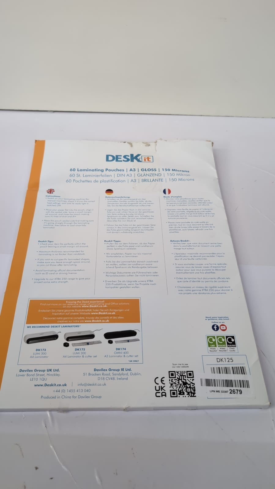 Deskit A3 Laminating Pouches,Glossy,60 Sheets,Clear (packaging slightly damaged)