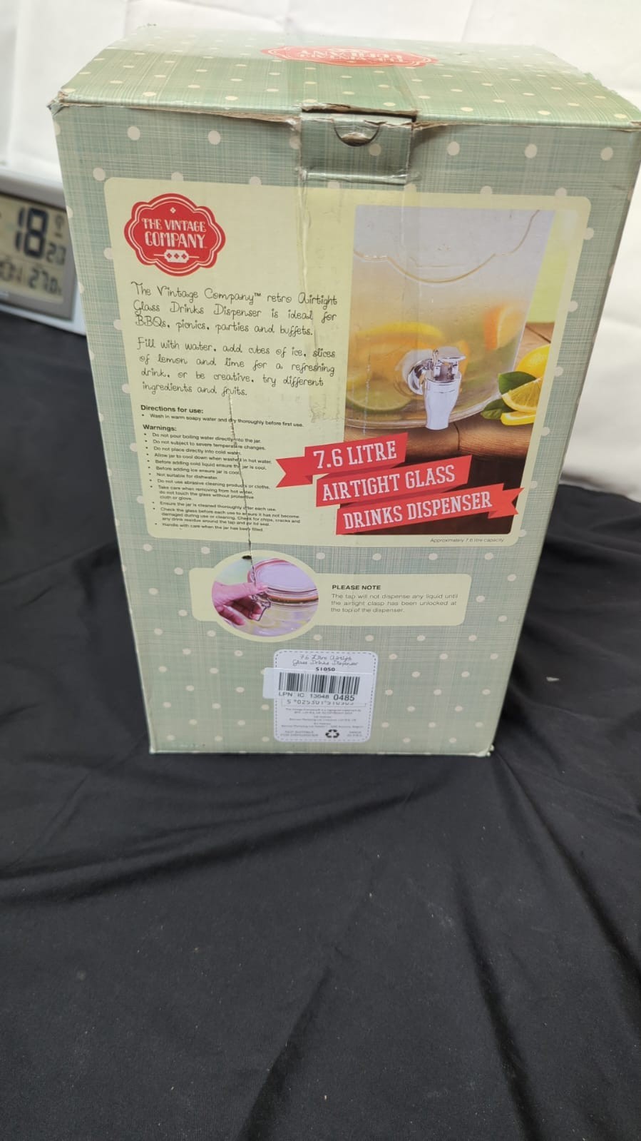 The Vintage Company7.6LJumbo Glass Drinks Dispenser (BOX DAMAGED)