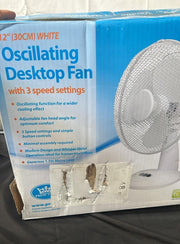 White 12" 3 Speed Oscillating Desk top Fan with adjustable tilt Cold Air For Off