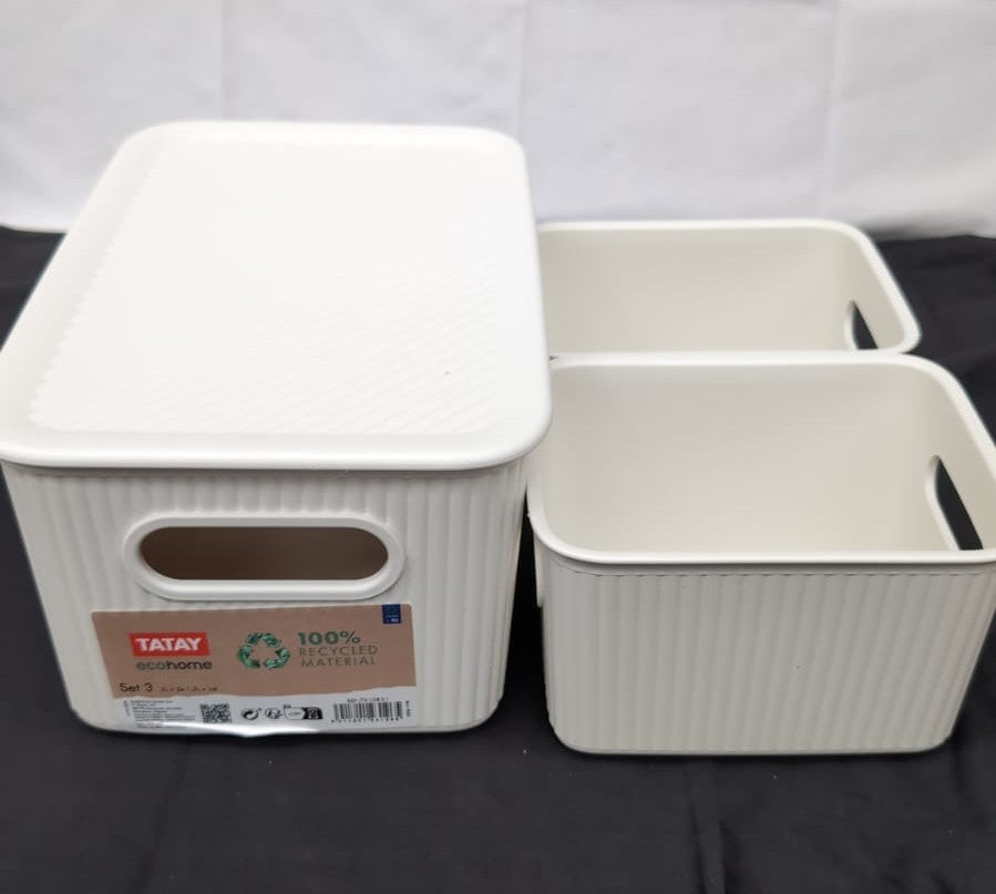 TATAY 7010901 Multipurpose Organizer Basket Set with Lid, 3X White, Medium