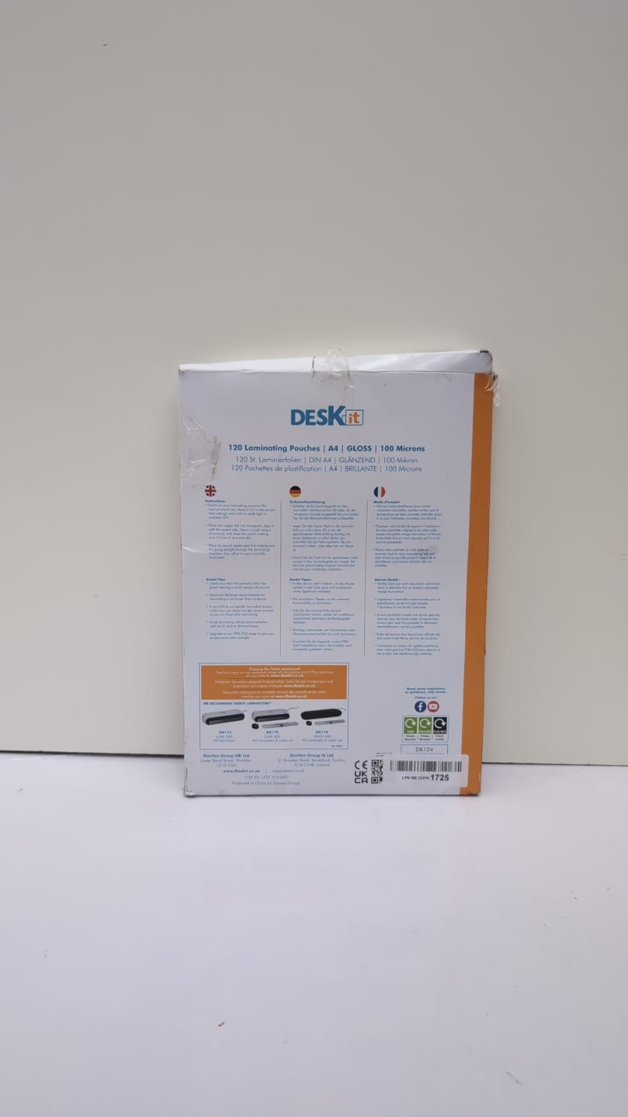 Deskit Laminating Pouches A4, Glossy, 120 Sheets,  Clear(packaging damaged)
