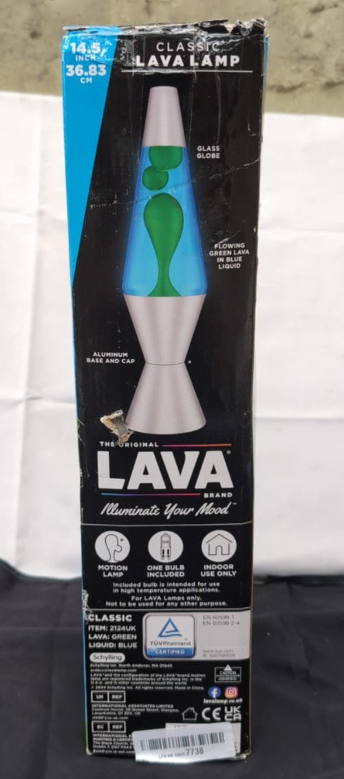 Lava Lamp 2124, Green Wax, Blue Liquid, Silver Base and Cap, Original 14.5 inch