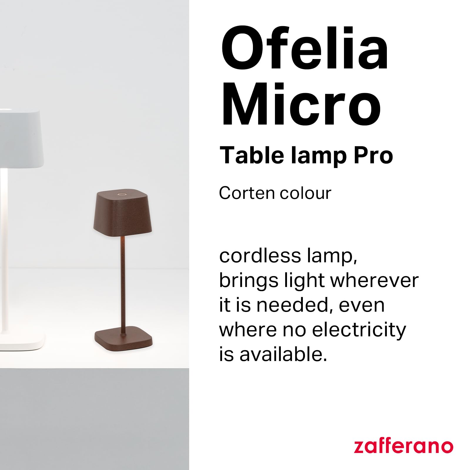Zafferano, Ofelia Micro Lamp, Cordless Rechargeable Table Lamp with Touch Control, for Indoor and Outdoor Use, Dimmer, 2200-3000 K, Height 20 cm