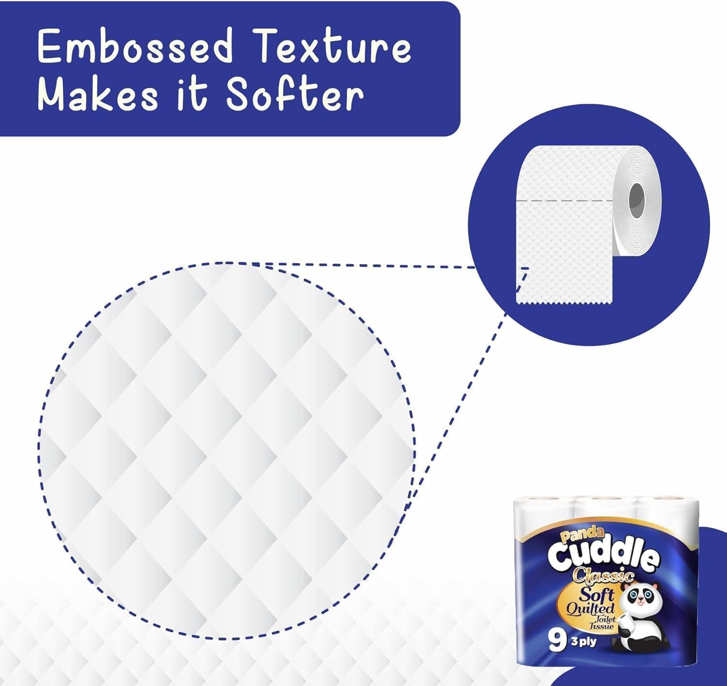 Panda Cuddle 3-Ply Soft Quilted Unscented Toilet Rolls - Premium Bathroom Toilet Rolls for Luxurious Comfort and Hygiene (Pack of 9)