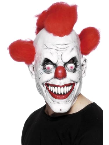 Smiffys Clown 3/4 Latex Mask, Red & White with Hair, Circus Fancy Dress, Clown Dress Up Masks