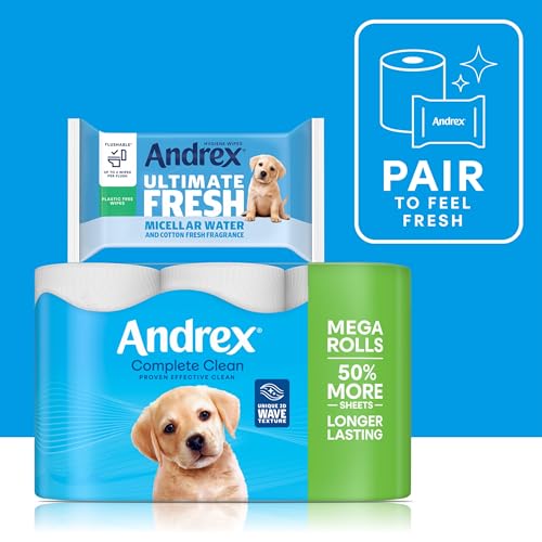 Andrex Complete Clean 12 Mega Toilet Rolls= 18 Standard Toilet Rolls, 50% Longer Lasting Paper with unique 3D Wave Texture for a Proven, Effective Clean, FSC Certified