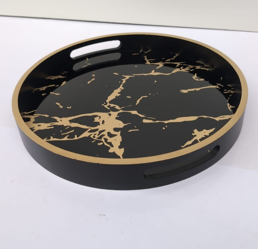 Round Decorative Coffee Tray Marble Pattern Serving  Tray with Handles 30cm