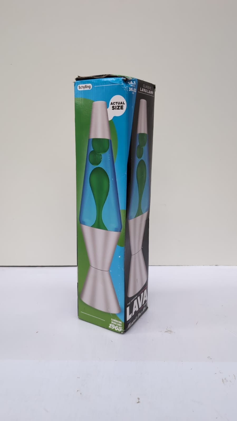 Lava Lamp, Green Wax, Blue Liquid, Silver Base and Cap, 14.5 inch (USED)