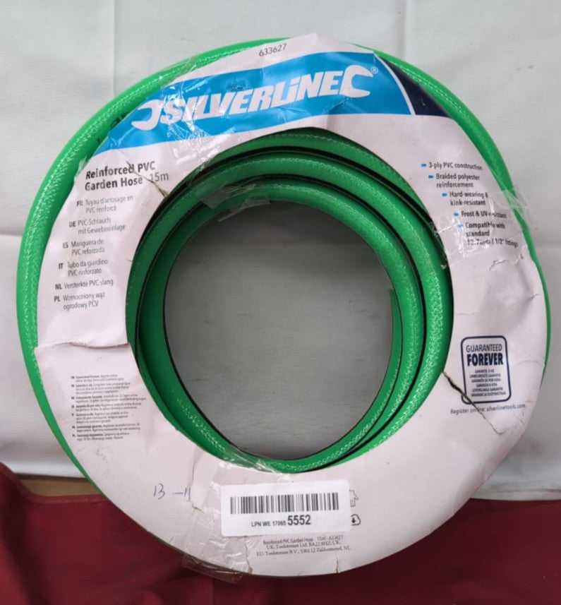 Silverline 633627 Reinforced PVC Garden Hose 15m, Green (packaging damaged)