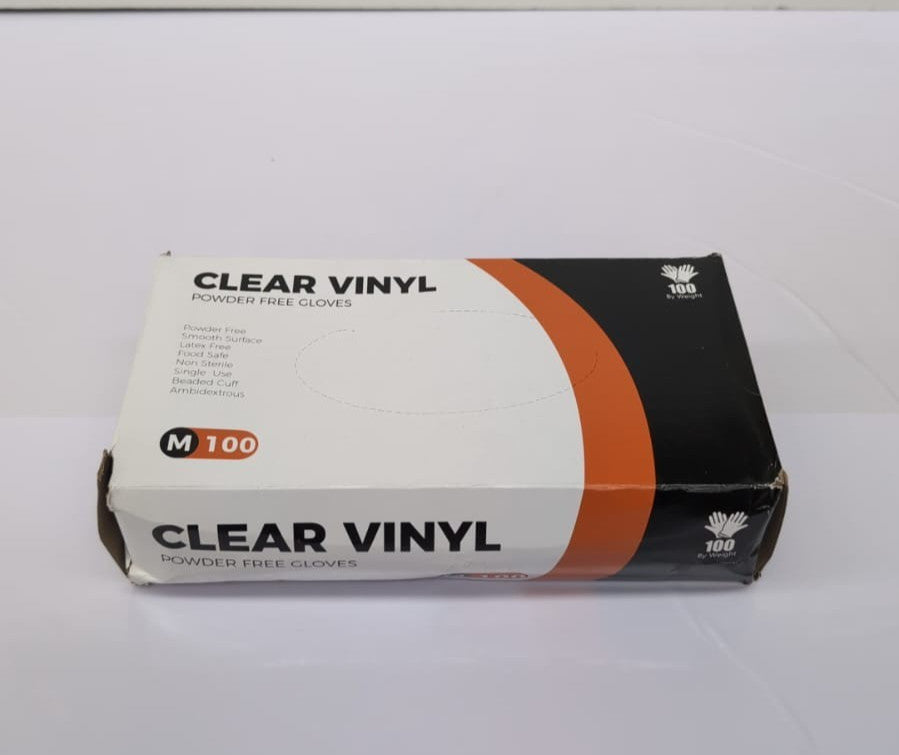 Vinyl Disposable Gloves Medium, Powder-Free, Box of 100 (Packaging Damaged)
