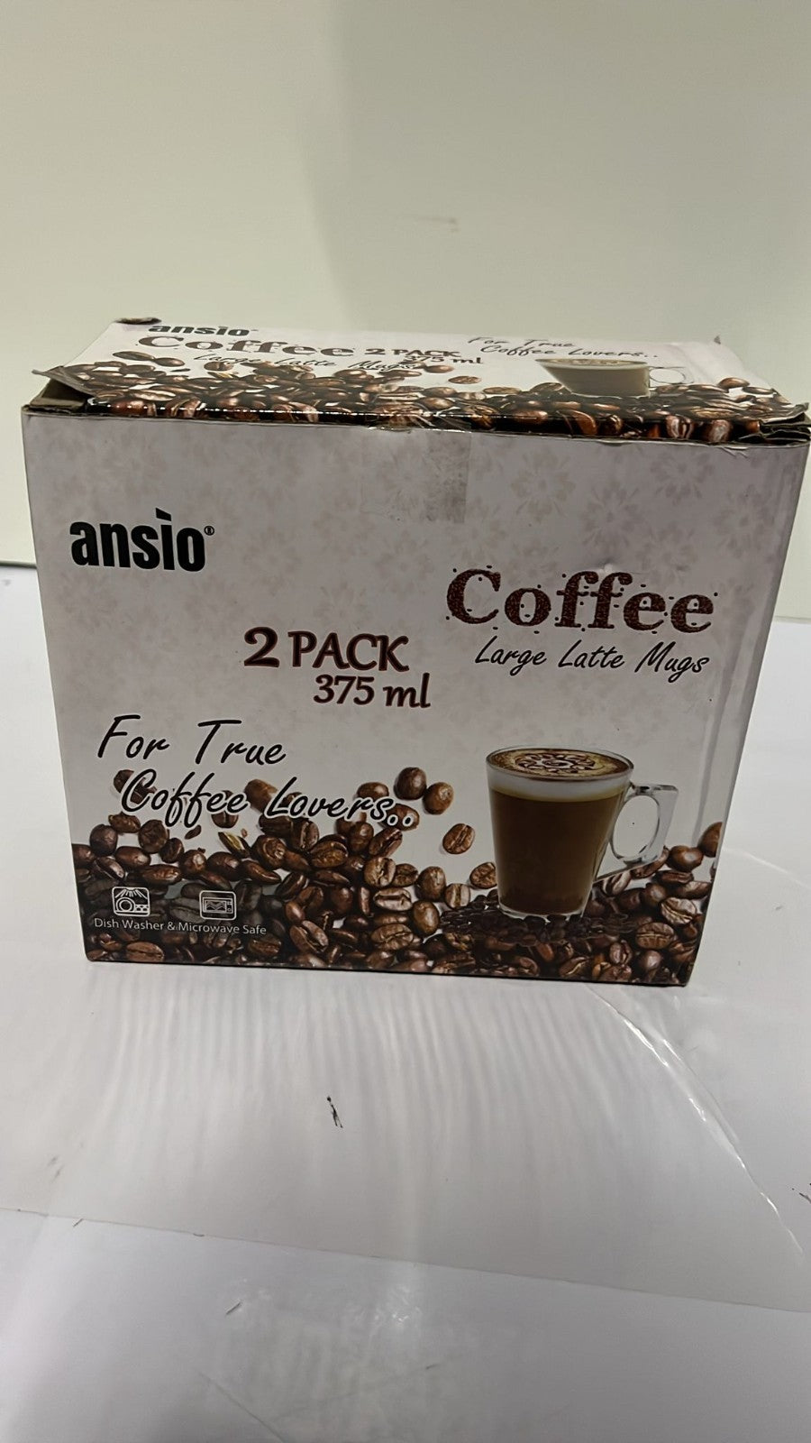 ANSIO Large Latte Glass Coffee Cups - 375ml (12.6 oz) - Gift Box of 2
