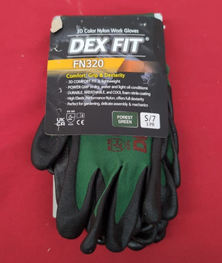DEX FIT Nylon Work Gloves FN320, Grip, Lightweight 3PAIRS (Packaging Damaged)