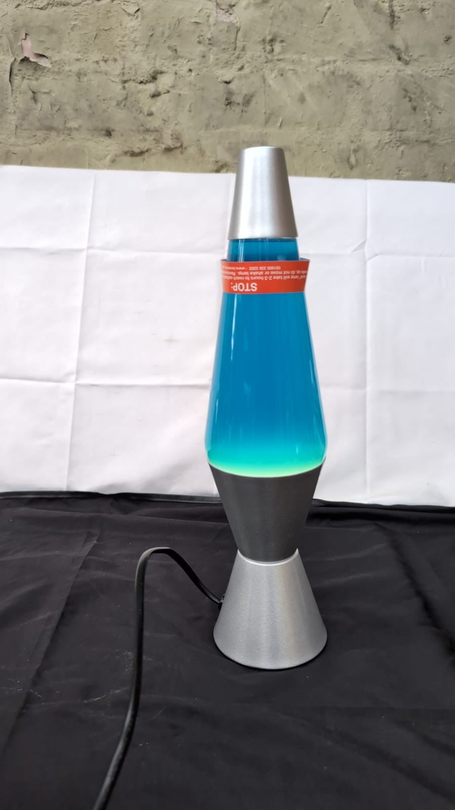 Lava Lamp , White Wax, Blue Liquid, Silver Base l 14.5 inch (small dent on base)