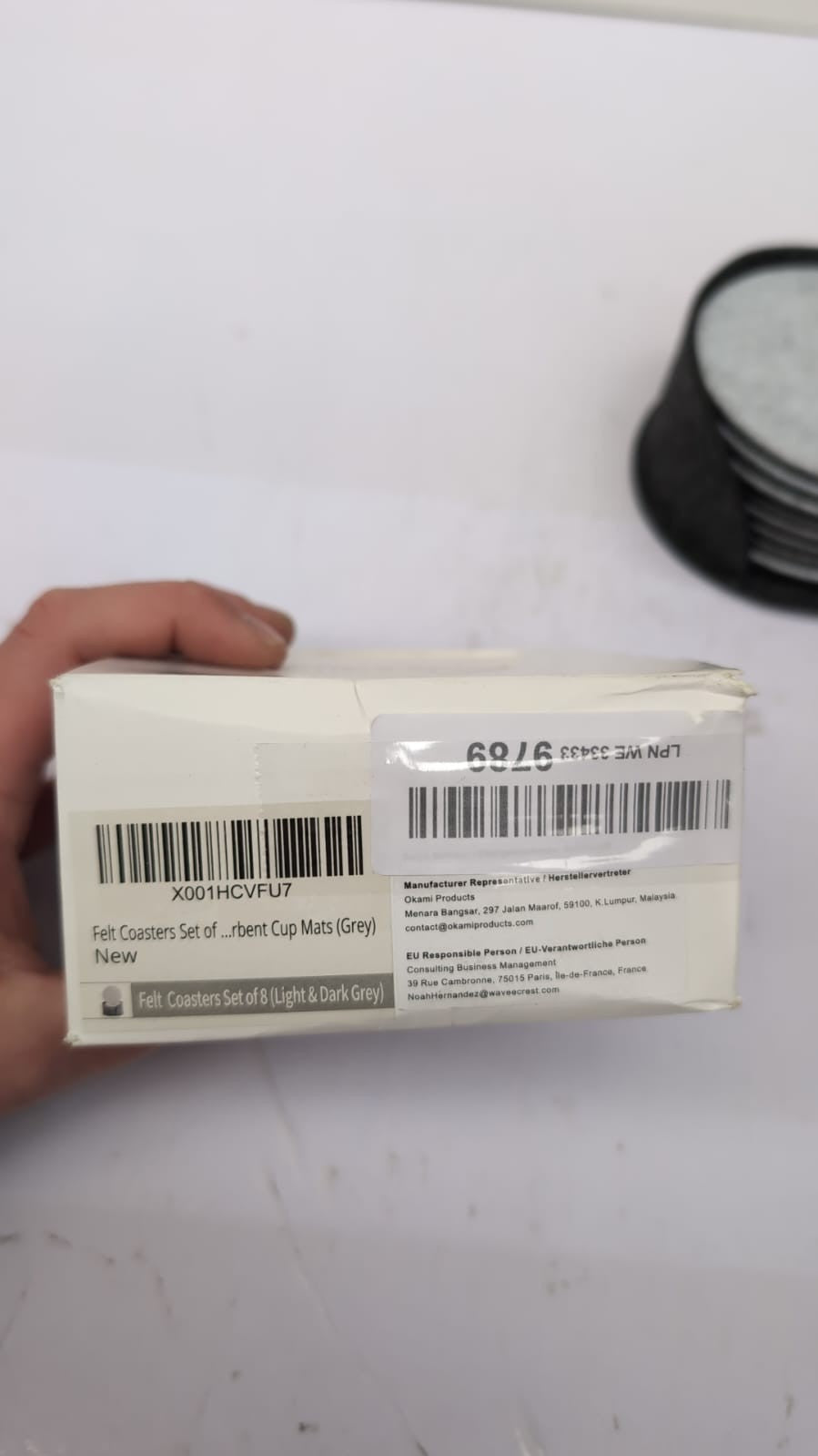 Okami Products Felt Coasters Set of 8 with Coaster Holder, Double Sided ,Grey