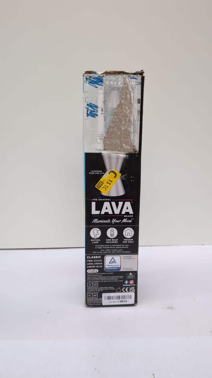 Lava Lamp, Green Wax, Blue Liquid, Silver Base and Cap, 14.5 inch (USED)