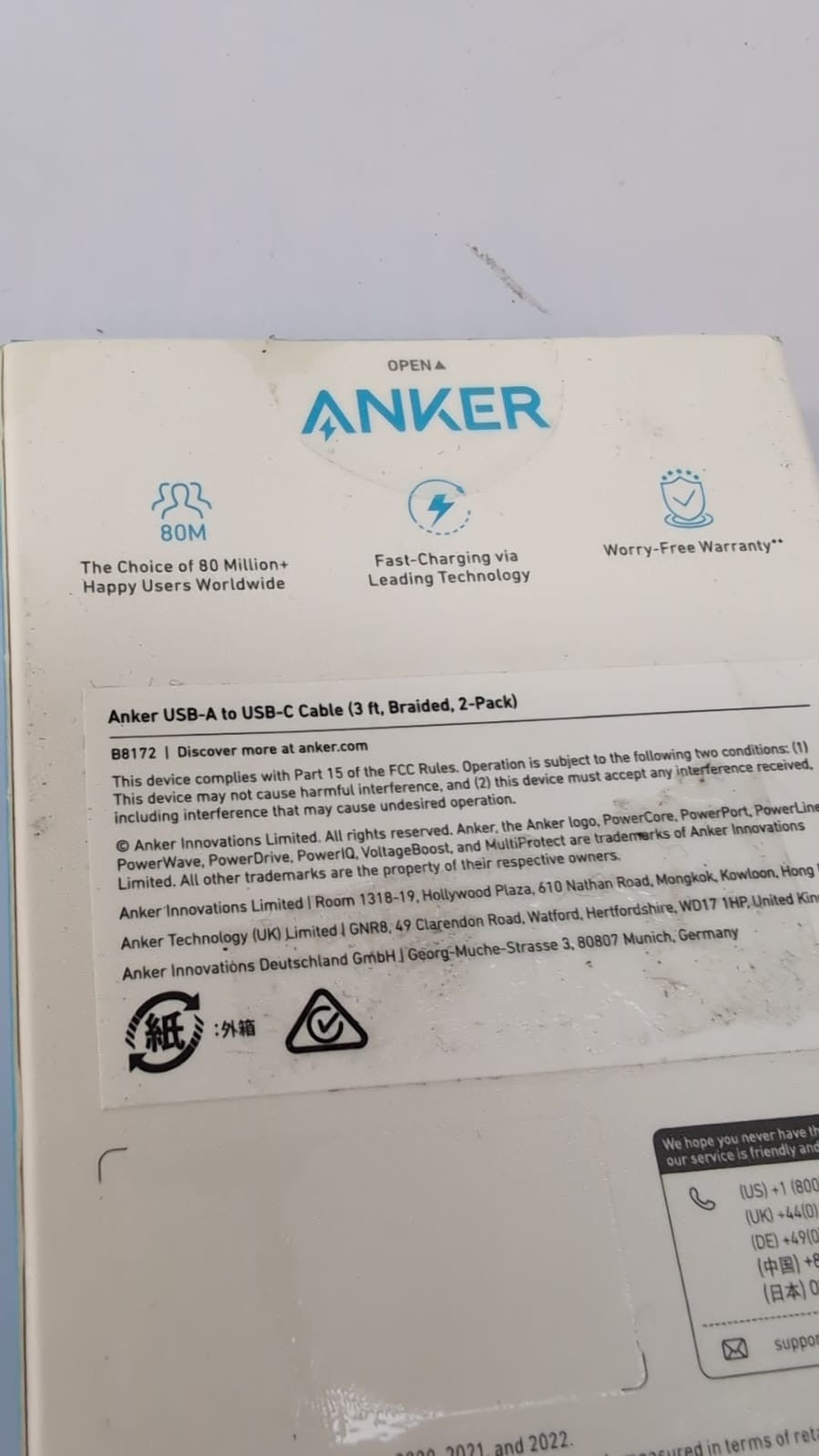 Anker Charger Cable, 2-Pack 3 ft  USB A to USB C Braided cable(BOX DAMAGED)