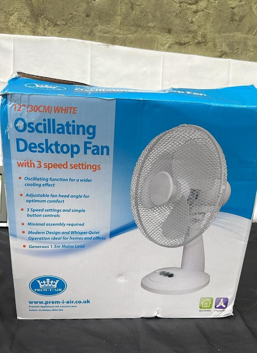 Prem-I-Air 12" White Oscillating Desktop Fan with 3 Speed Settings