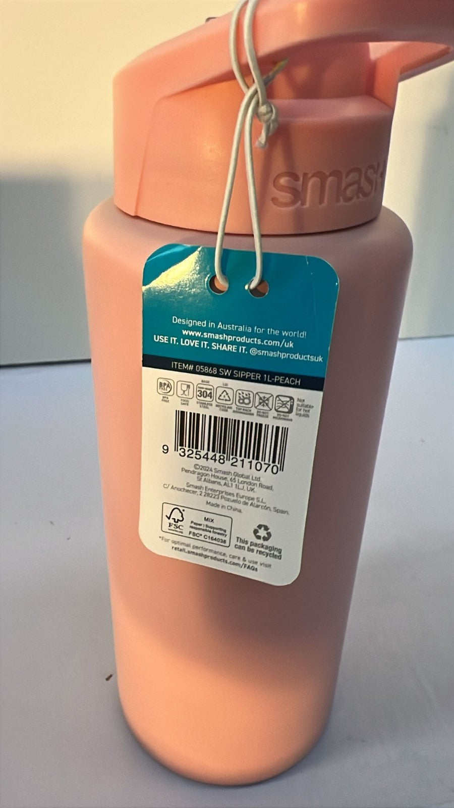 Smash Stainless Steel Reusable 1 litre water bottle - Peach (Cosmetic Marks)