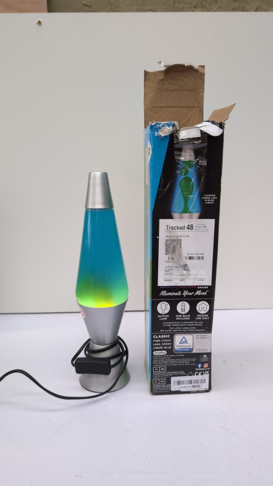 Lava Lamp, Green Wax, Blue Liquid, Silver Base & Cap, 14.5 " (USED/small dent )