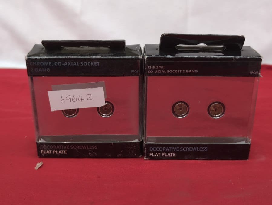 BG Flat Plate Screwless Chrome Coaxial Socket Twin 2 Gang (2PACK BOX DAMAGED)