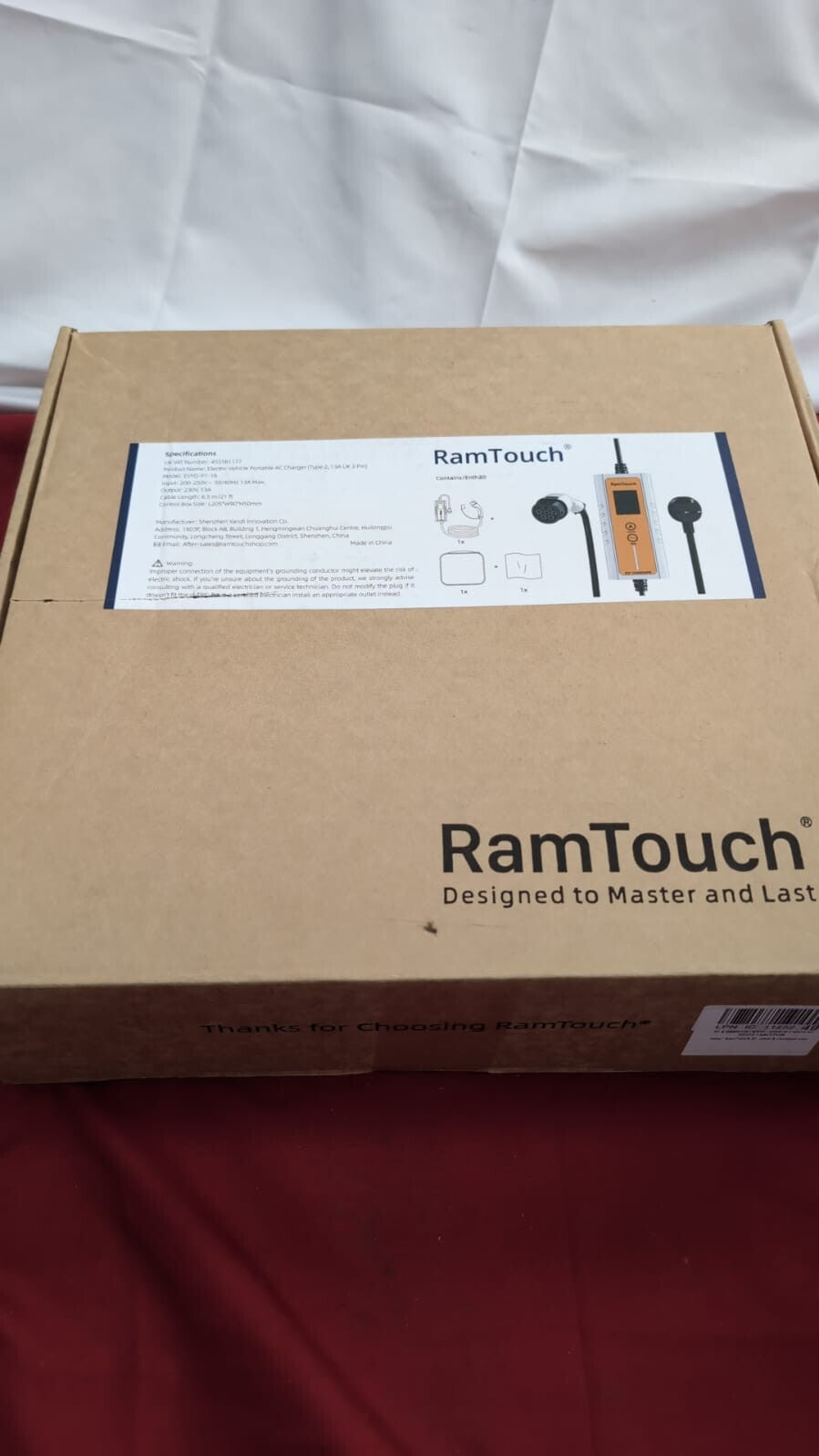 RamTouch Electric Vehicle Charger (3kW, Type 2, UK 3 Pin Plug, 6.5m), Portable