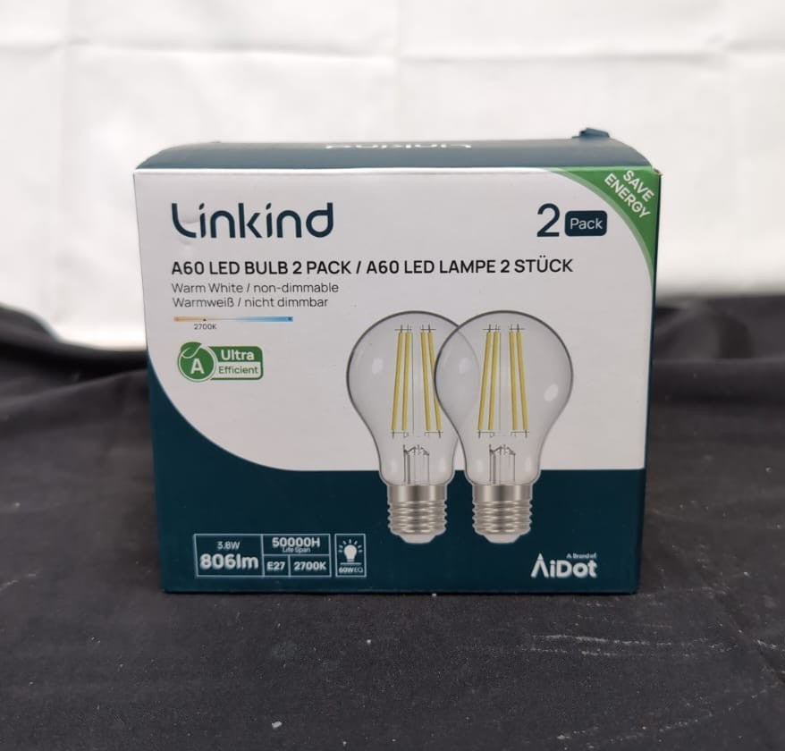 Linkind E27 LED Bulb, Energy Class A 3.8W=60W Equivalent, Warm White 806lm2-Pack