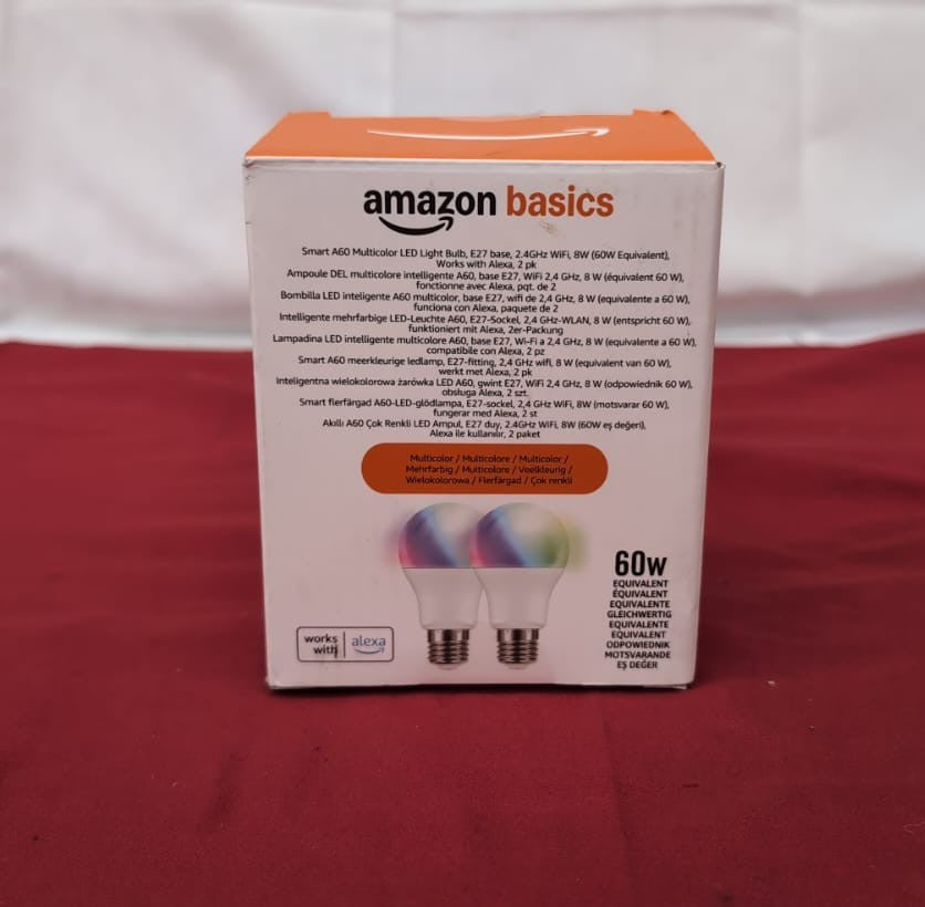 Amazon Basics Smart A60 Multicolor LED Light Bulb, E27 ,8W,2PACK ( box damaged)