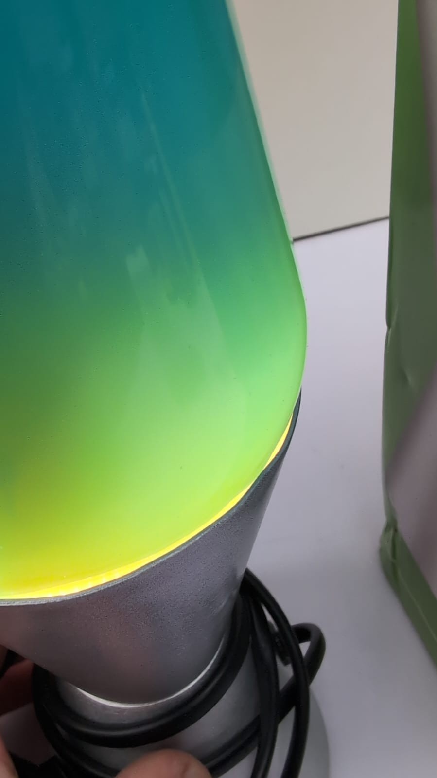 Lava Lamp, Green Wax, Blue Liquid, Silver Base & Cap, 14.5 " (USED/small dent )