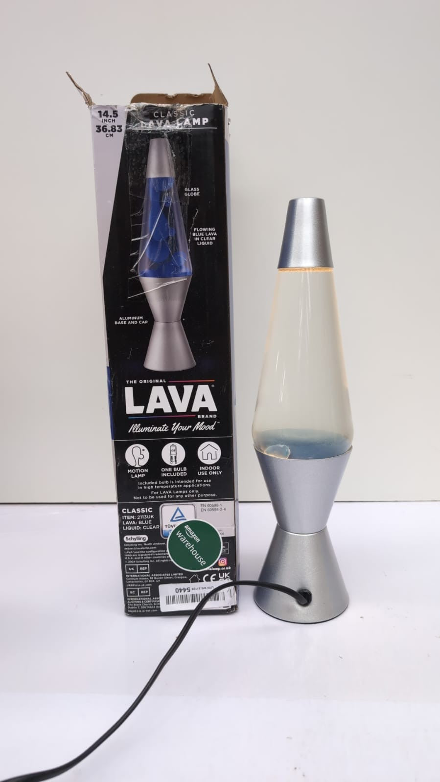 The Original Motion Lamp  Blue and Clear Liquid w/Silver (boxdamaged/lid scuff)