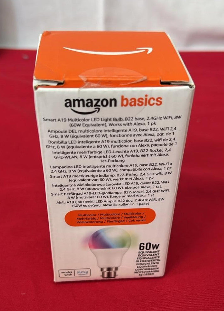 Amazon Basics Smart A60 Multicolor LED Light Bulb, B22 Base, 2.4GHz WiFi,