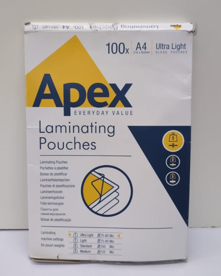 Fellowes Apex A4 Laminating Pouches Glossy Finish 100 Sheets (Packaging Damaged)