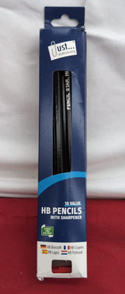 Just stationery, HB Pencil with Sharpener (Pack of 10 - packaging damaged)