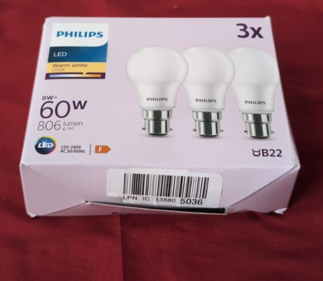 Philips LED Frosted A60 Light Bulb 3 Pack (Warm White 2700K - B22 Bayonet Cap)