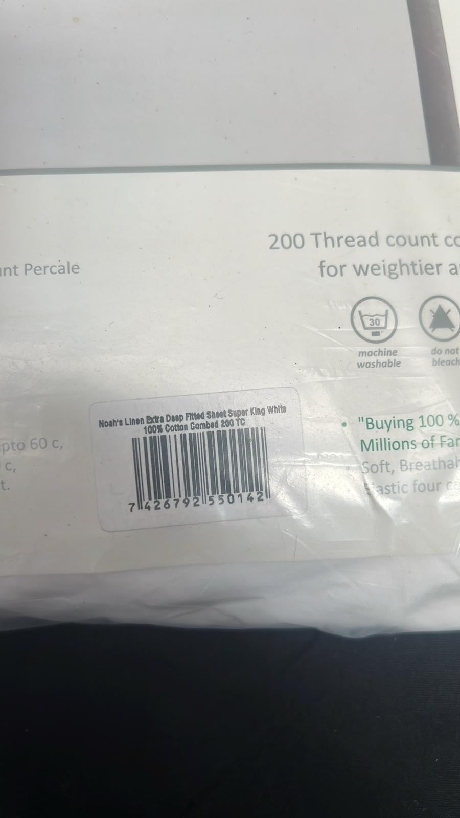 Noah's Super King Size Deep Fitted Sheets- White 100%  Cotton,200 Thread count
