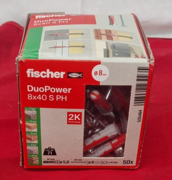 fischer 535464 DUOPOWER S pH Wall Plugs with Screws, Red/Gray, 8x40-50 Pieces