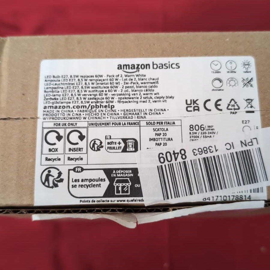 Amazon Basics LED E27 Edison Screw Bulb, 8.5 W = 60W,Warm White, 2pack