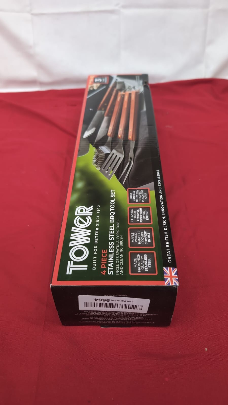 Tower 4 Piece BBQ Tool Set with Red Maple Wood , Stainless Steel