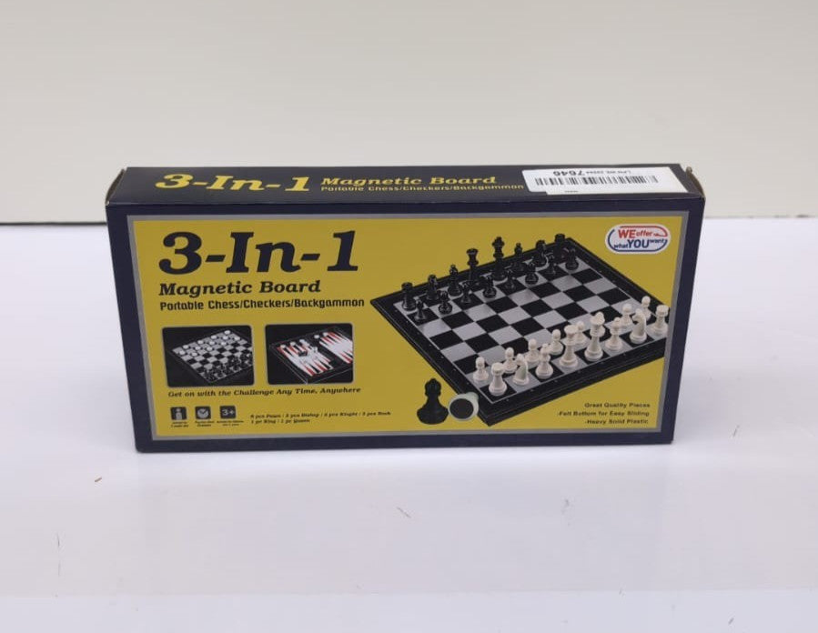 3 In 1 Magnetic Chess Checkers Board Game Set w/ Folding Board Game 10"