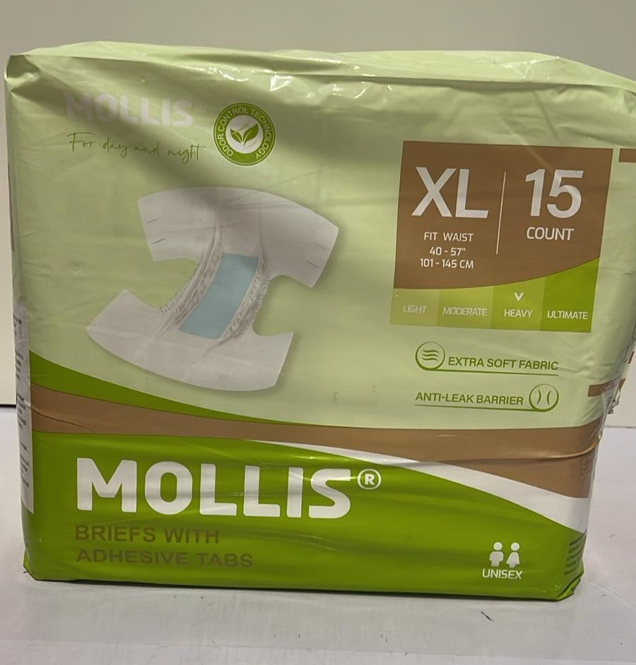 MOLLIS Adult Nappies for Women & Men, Unisex Diapers with Tabs 15pcs XL