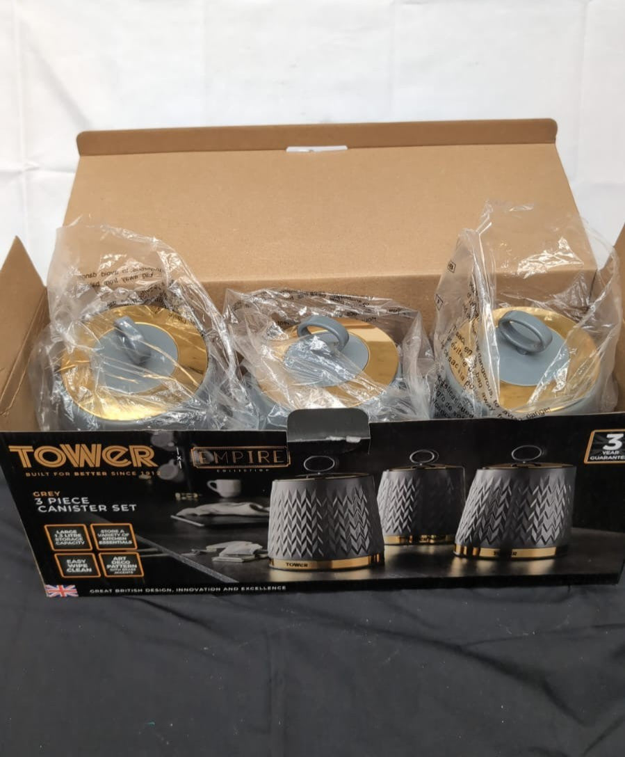 Tower Empire Set of 3 Storage Canisters for Tea Coffee Sugar, Grey (USED)