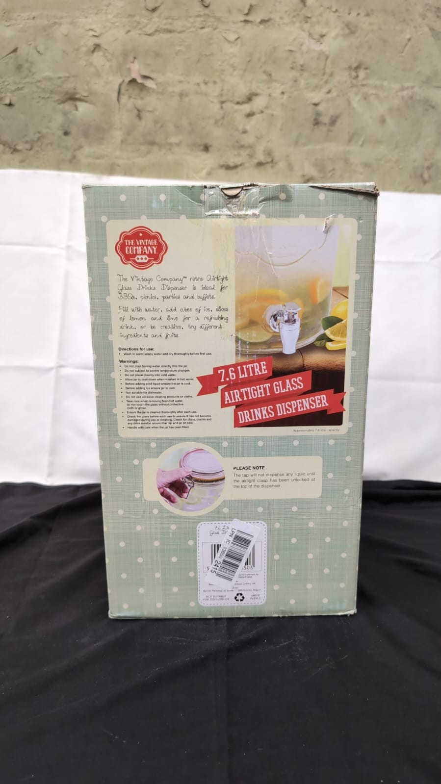 The Vintage Company Glass Drinks Dispenser |Air Tight Lid 7.6L(BOXDAMAGED)