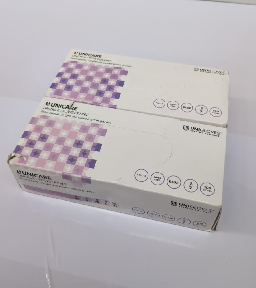Unigloves GS0052 Nitrile Exam Gloves, Blue, Small, 100/Box, Damaged Box