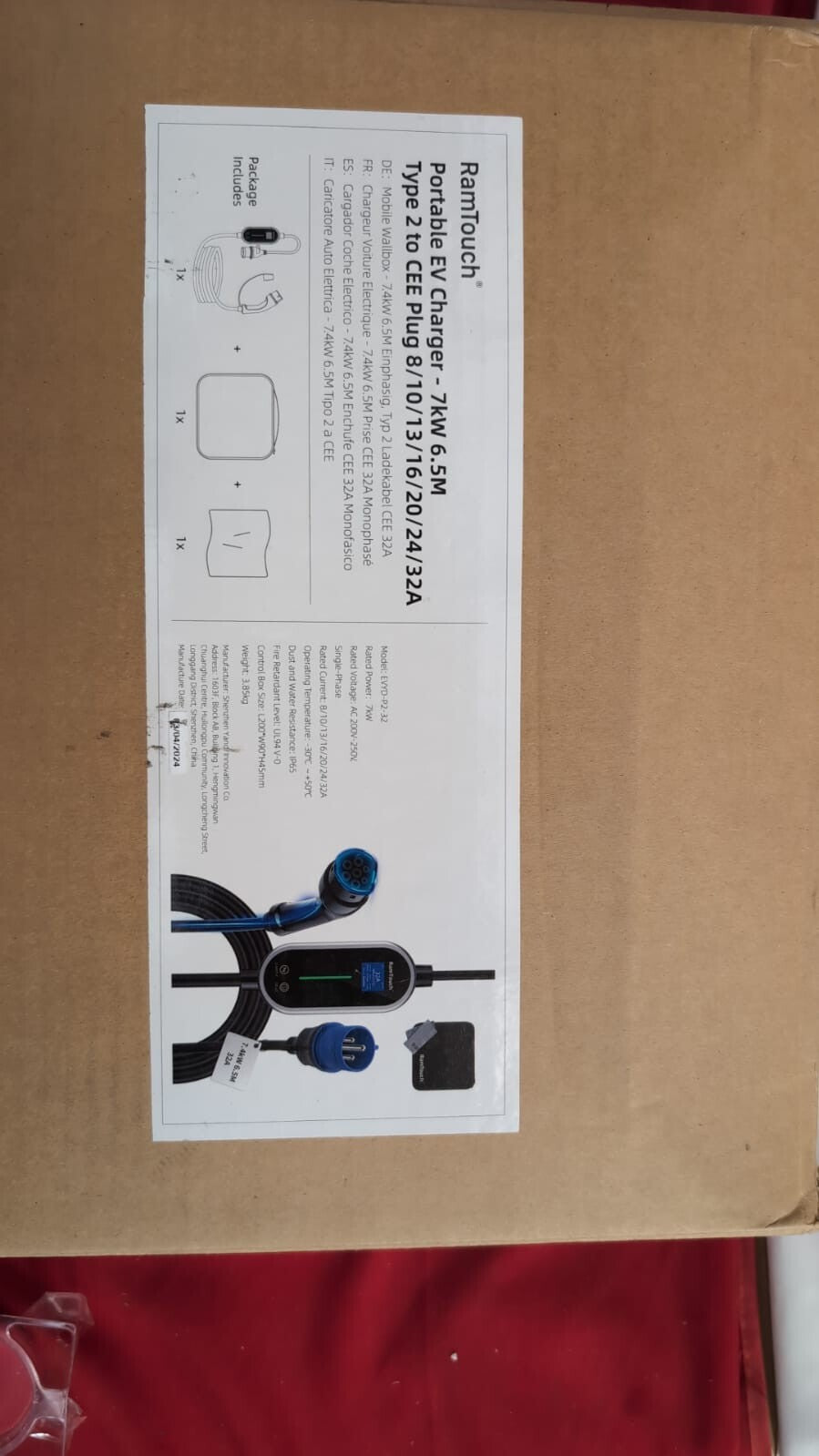 RamTouch Electric Vehicle Charger (7.4 kW, Type 2, CEE Plug 32A, 6.5m)