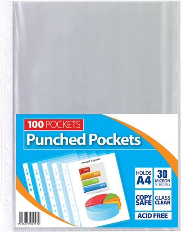 1ABOVE 30 Micron 100Pack A4 Glass Clear Plastic Wallets Punched Poly Pocket