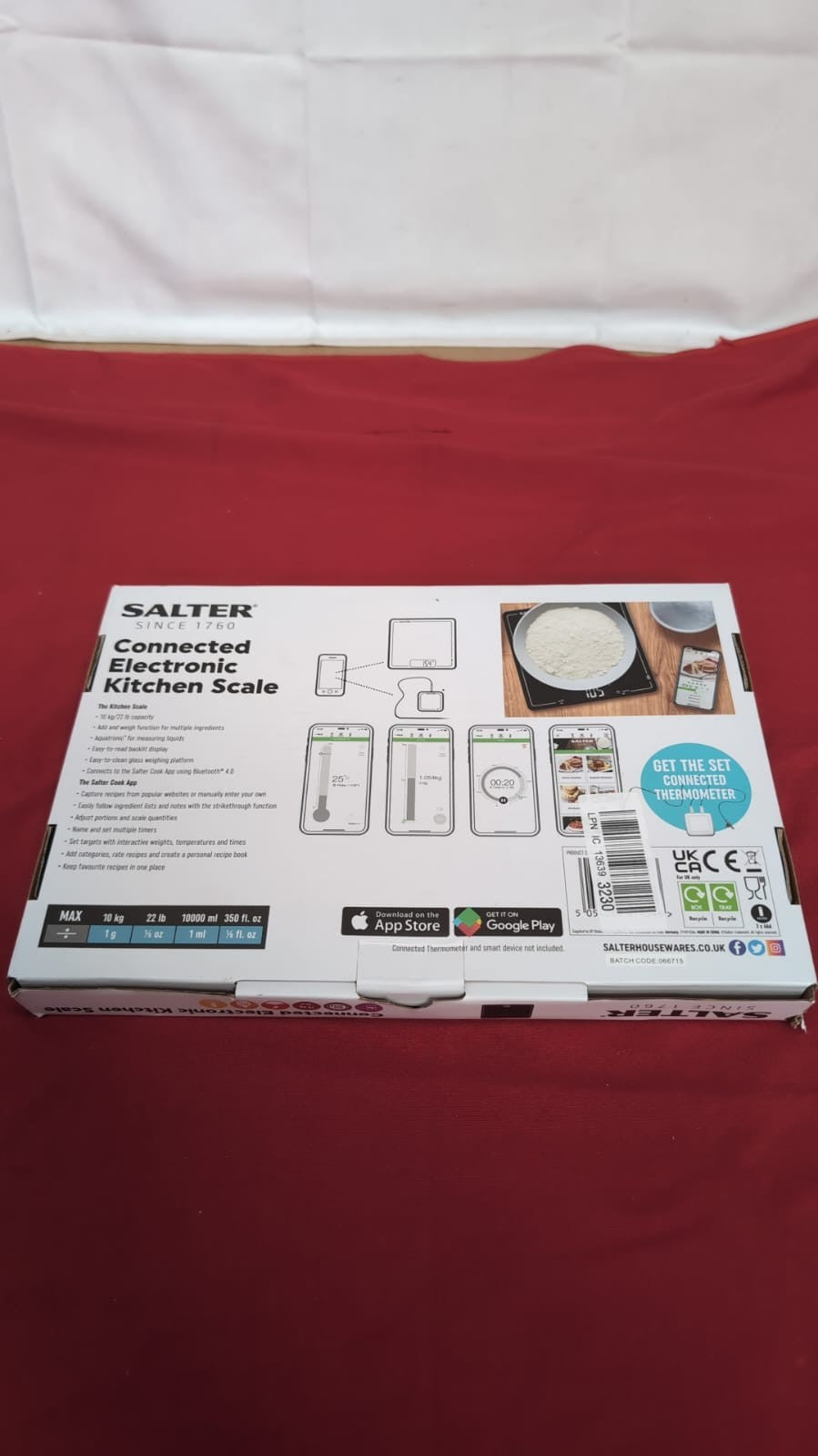 Salter 10kg cap, Bluetooth Kitchen Scale  Digital  Scale, (packaging damaged)
