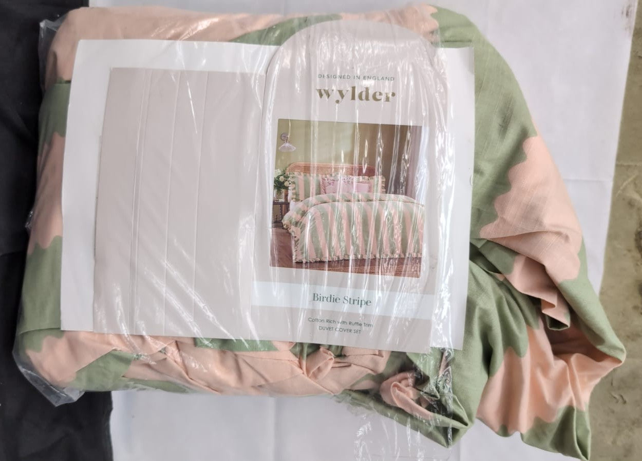 Wylder Nature Birdie Striped Duvet Cover Set, Pink/Green (Pack Damaged)
