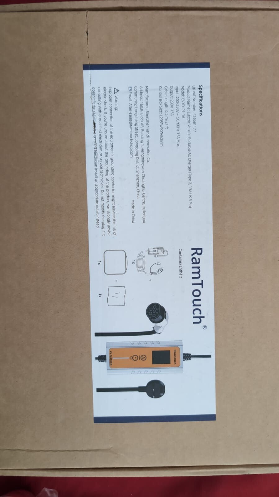 RamTouch Electric Vehicle Charger (3kW, Type 2, UK 3 Pin Plug, 6.5m), Portable