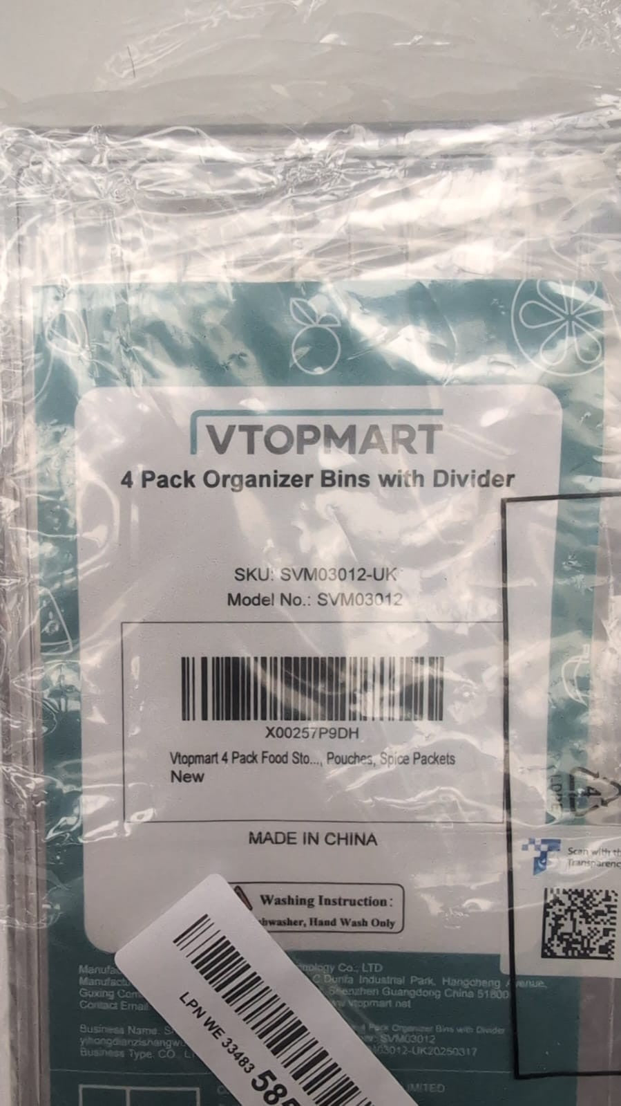 Vtopmart 4 Pack Food Storage Organizer Bins, Clear Plastic 26 x 15 x 9cm
